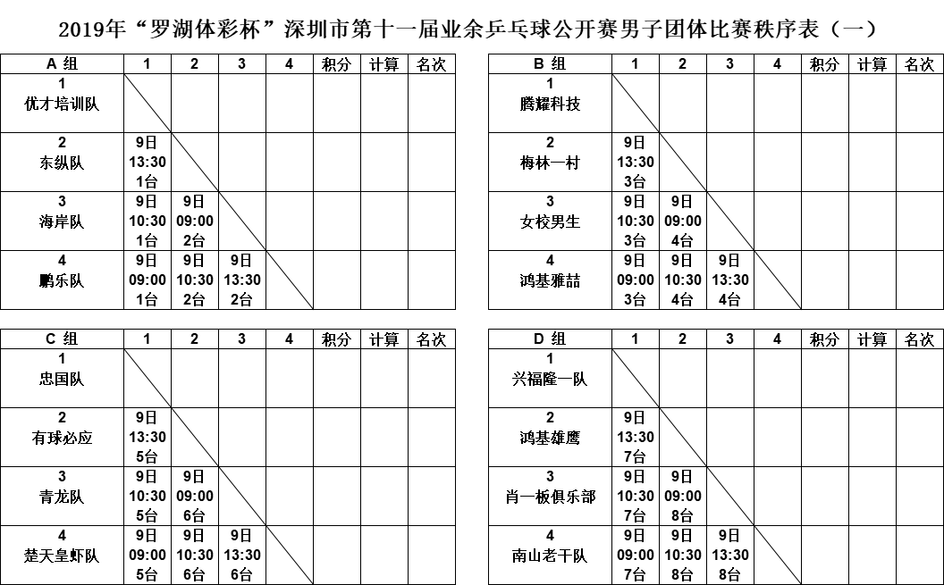 2019深圳市第十一届业余乒乓球公开赛日程表